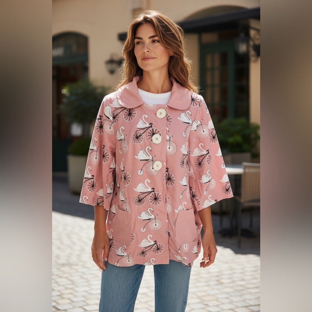 Modcloth Love Dove Blush Pink Jacket with Bicycle Print